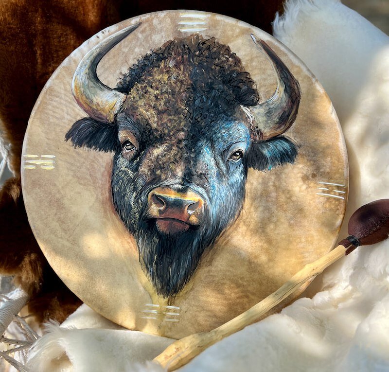Tambour personnalisé peint main — portrait de bison