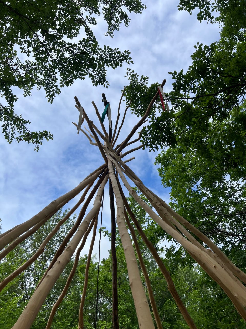 Le sommet du tipi, les perches réunies contre le ciel